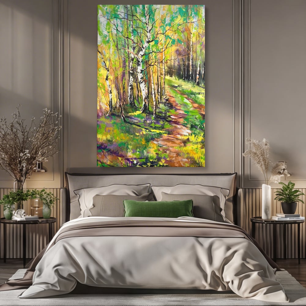 Tablou canvas cu tablou canvas cu padure si mesteacani, fara rama, pe sasiu de lemn, pe perete intr-un dormitor